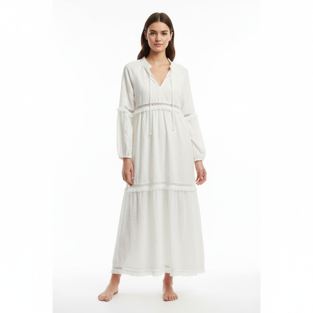 Line and Dot Maxi Dress Womens Size S White Tiered Fringe Bohemian Chic EUC